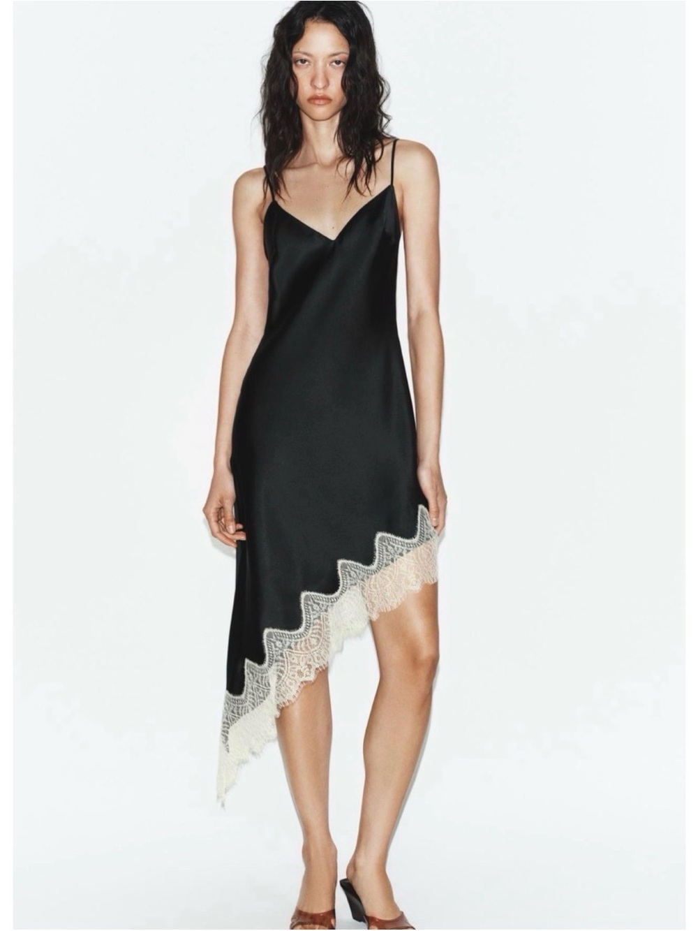 Zara Asymmetric Satin Lace Dress size Small